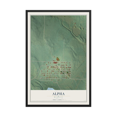 Map of Alpha, Michigan, 12 x 18 inch print in a black wood frame