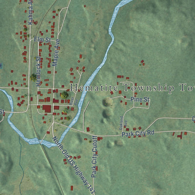 Close-up of the map of Amasa, Michigan print showing street and building detail