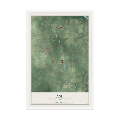 Map of Ash, Michigan, 12 x 18 inch print in a white wood frame
