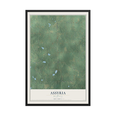 Map of Assyria, Michigan, 12 x 18 inch print in a black wood frame