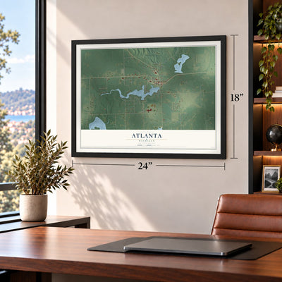 Atlanta, Michigan map, 18 x 24 inch print in a black frame in a home office