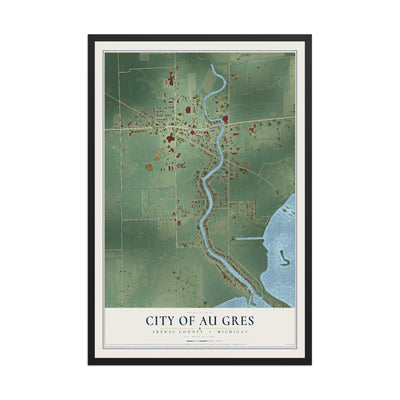Map of Au Gres, Michigan, 12 x 18 inch print in a black wood frame
