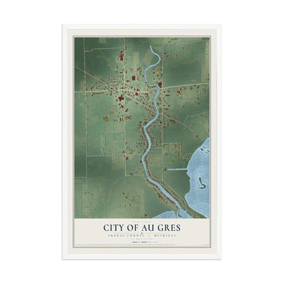 Map of Au Gres, Michigan, 12 x 18 inch print in a white wood frame