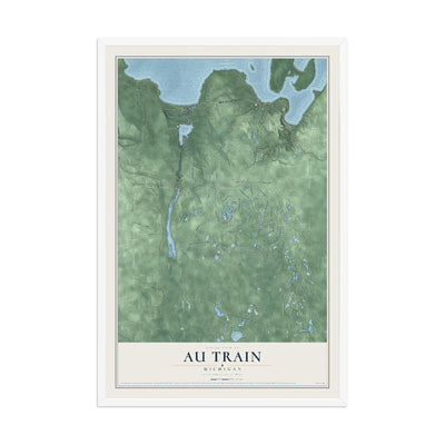 Map of Au Train, Michigan, 12 x 18 inch print in a white wood frame