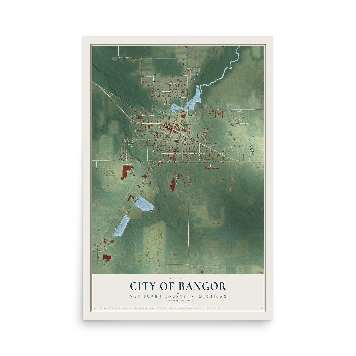 Map of Bangor, Michigan, 12 x 18 inch unframed archival matte print
