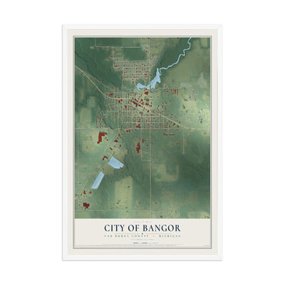 Map of Bangor, Michigan, 12 x 18 inch print in a white wood frame
