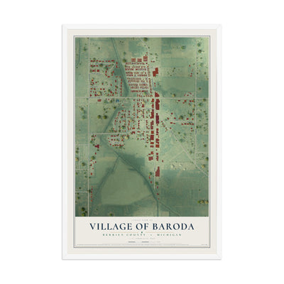 Map of Baroda, Michigan, 12 x 18 inch print in a white wood frame