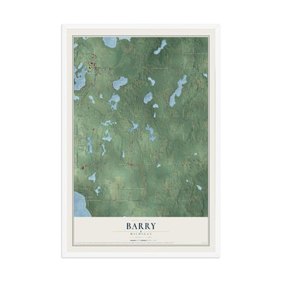 Map of Barry, Michigan, 12 x 18 inch print in a white wood frame