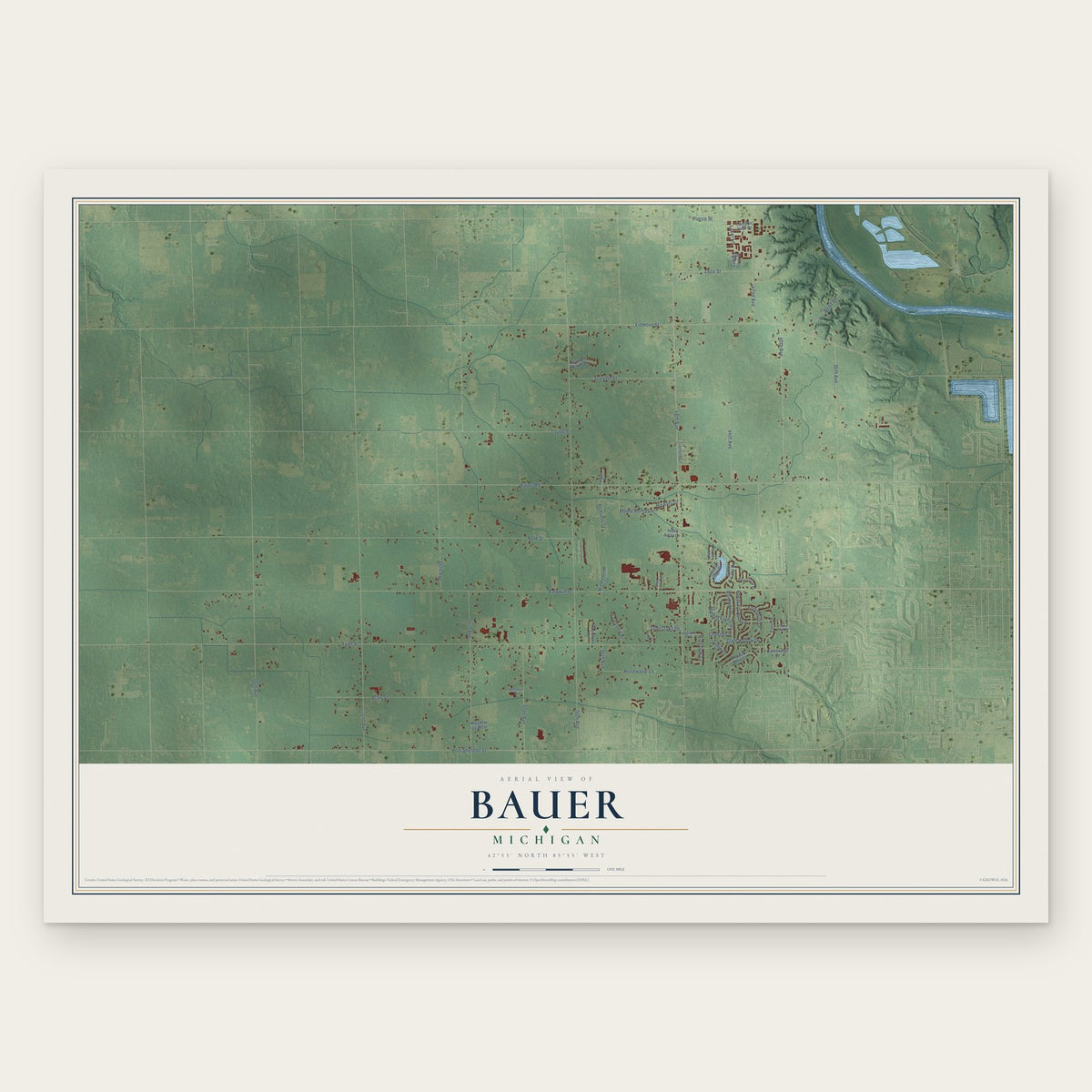 Bauer, Michigan map print, the full design