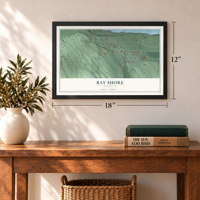 Bay Shore, Michigan map, 12 x 18 inch print in a black frame in an entryway