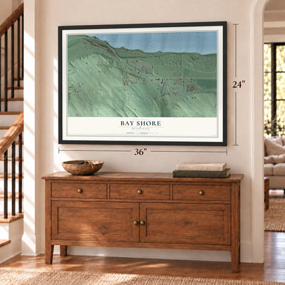 Bay Shore, Michigan map, 24 x 36 inch print in a black frame above a dresser by a staircase