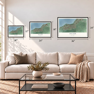 Bay View, Michigan map in 12 x 18, 18 x 24 and 24 x 36 inch sizes above a sofa