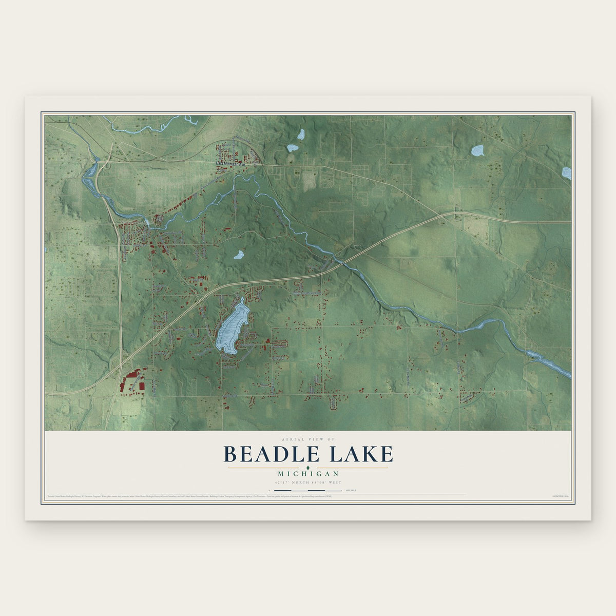 Beadle Lake, Michigan map print, the full design