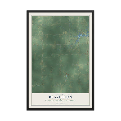 Map of Beaverton, Gladwin County, Michigan, 12 x 18 inch print in a black wood frame