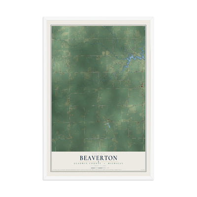 Map of Beaverton, Gladwin County, Michigan, 12 x 18 inch print in a white wood frame