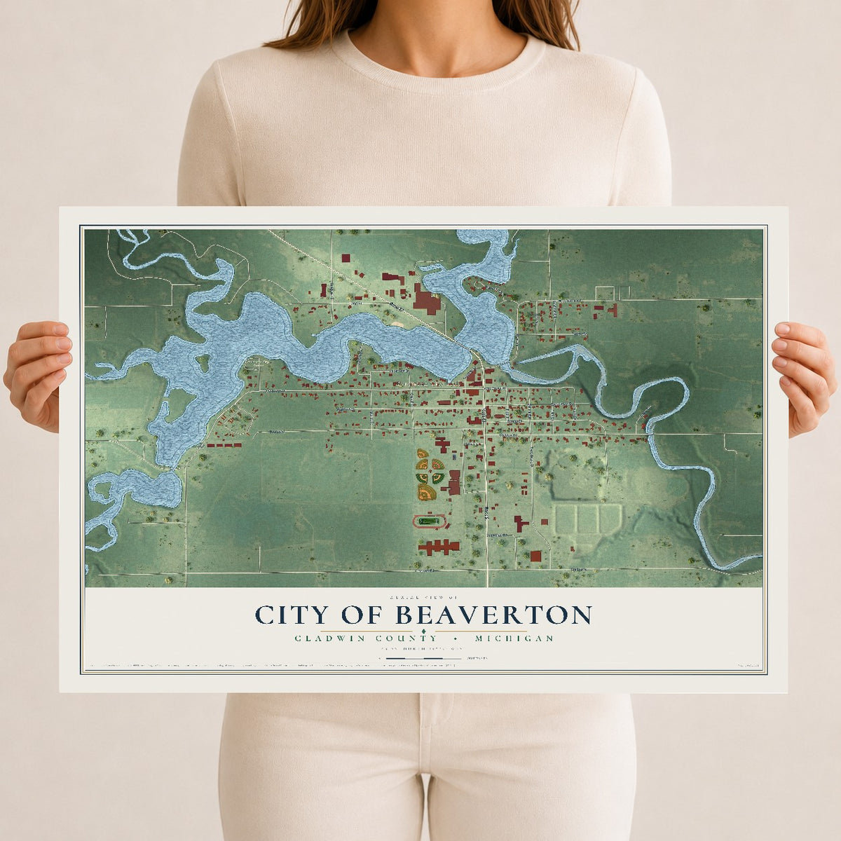 Map of Beaverton, Michigan, 12 x 18 inch unframed archival matte print