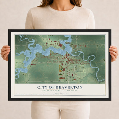 Map of Beaverton, Michigan, 12 x 18 inch print in a black wood frame