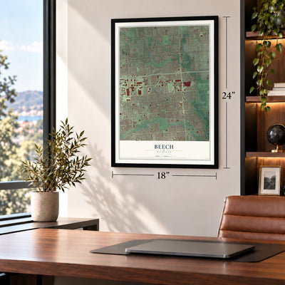 Beech, Michigan map, 18 x 24 inch print in a black frame in a home office
