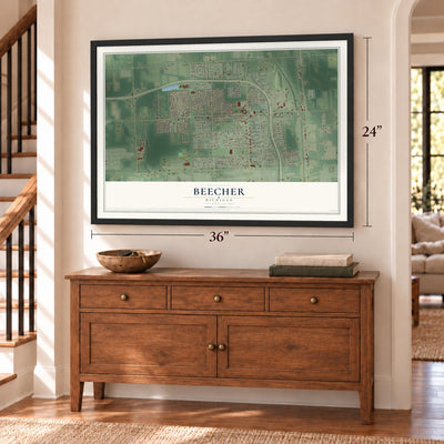 Beecher, Michigan map, 24 x 36 inch print in a black frame above a dresser by a staircase
