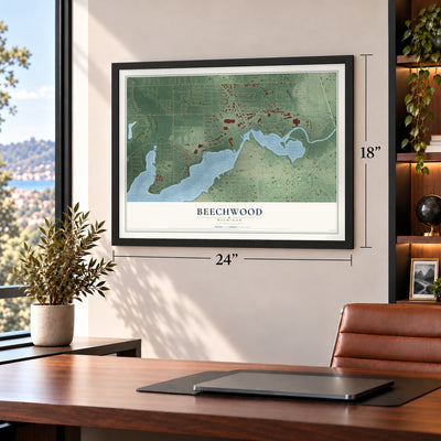 Beechwood, Michigan map, 18 x 24 inch print in a black frame in a home office
