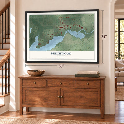 Beechwood, Michigan map, 24 x 36 inch print in a black frame above a dresser by a staircase