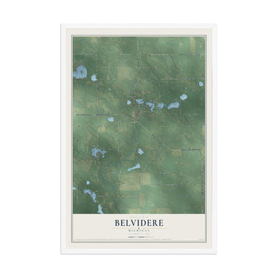 Map of Belvidere, Michigan, 12 x 18 inch print in a white wood frame