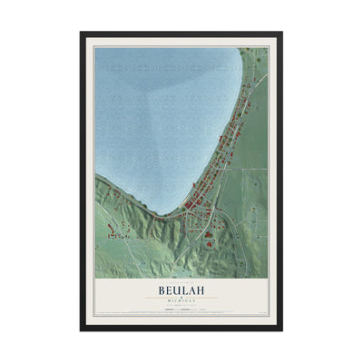 Map of Beulah, Michigan, 12 x 18 inch print in a black wood frame