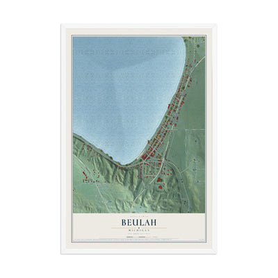Map of Beulah, Michigan, 12 x 18 inch print in a white wood frame
