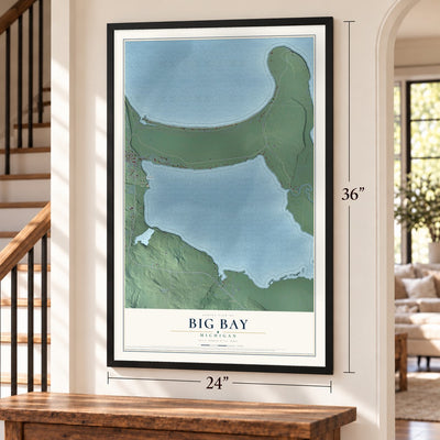 Big Bay, Michigan map, 24 x 36 inch print in a black frame by a staircase