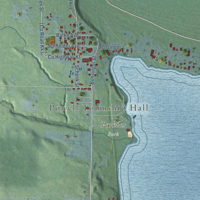 Close-up of the map of Big Bay, Michigan print showing street and building detail