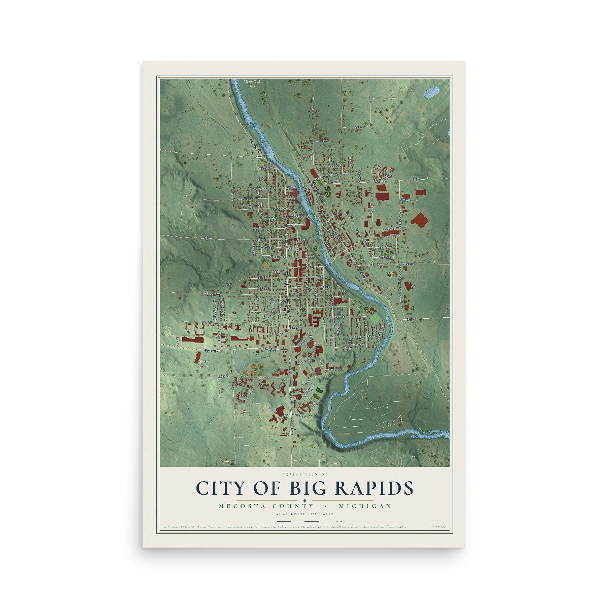 Map of Big Rapids, Michigan, 12 x 18 inch unframed archival matte print