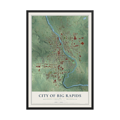 Map of Big Rapids, Michigan, 12 x 18 inch print in a black wood frame