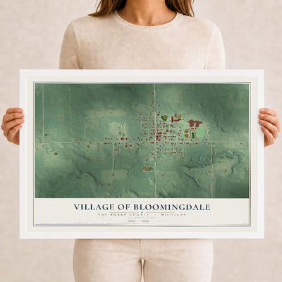 Map of Bloomingdale, Michigan, 12 x 18 inch print in a white wood frame
