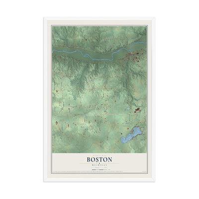 Map of Boston, Michigan, 12 x 18 inch print in a white wood frame