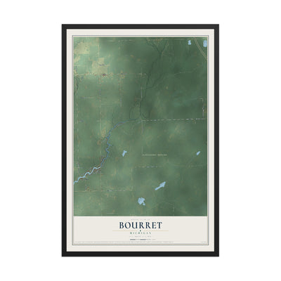 Map of Bourret, Michigan, 12 x 18 inch print in a black wood frame