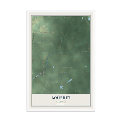 Map of Bourret, Michigan, 12 x 18 inch print in a white wood frame