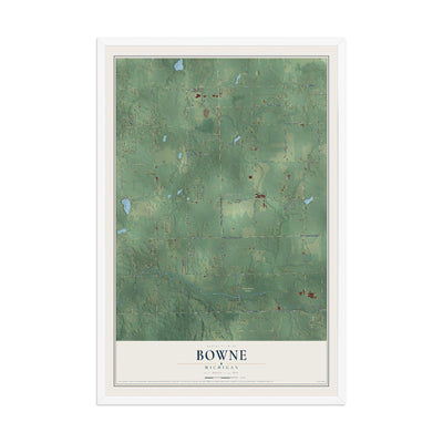 Map of Bowne, Michigan, 12 x 18 inch print in a white wood frame