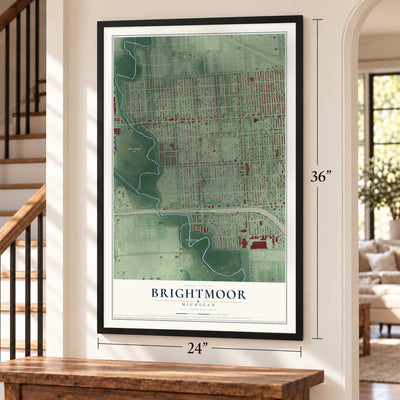 Brightmoor, Michigan map, 24 x 36 inch print in a black frame by a staircase