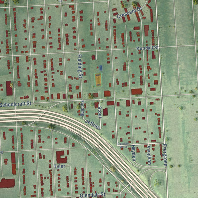 Close-up of the map of Brightmoor, Michigan print showing street and building detail