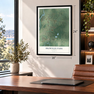 Brownlee Park, Michigan map, 18 x 24 inch print in a black frame in a home office