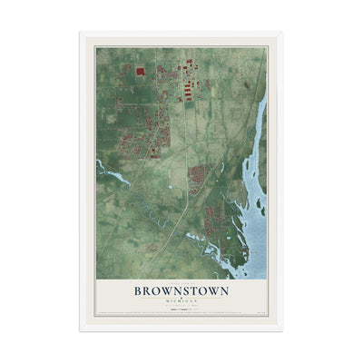 Map of Brownstown, Michigan, 12 x 18 inch print in a white wood frame