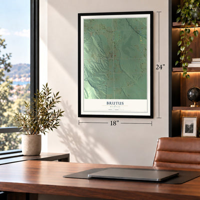 Brutus, Michigan map, 18 x 24 inch print in a black frame in a home office