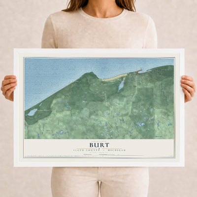 Map of Burt, Alger County, Michigan, 12 x 18 inch print in a white wood frame