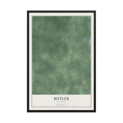 Map of Butler, Michigan, 12 x 18 inch print in a black wood frame