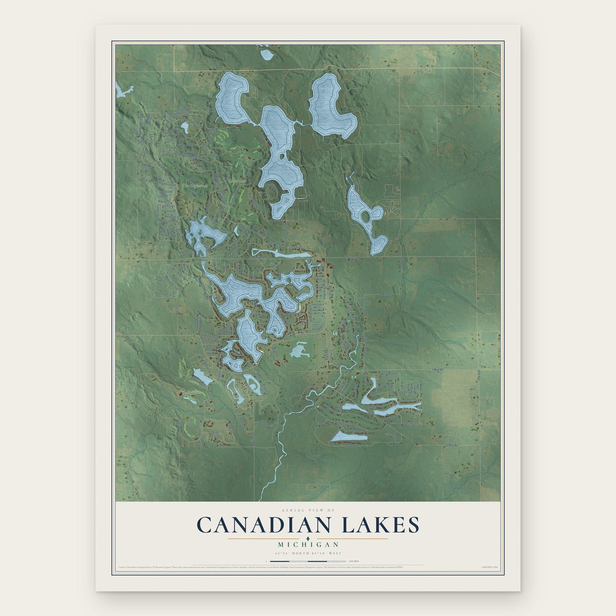 Canadian Lakes, Michigan map print, the full design