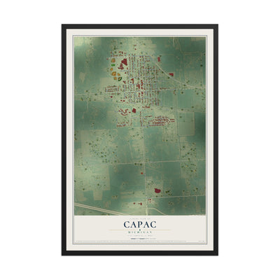 Map of Capac, Michigan, 12 x 18 inch print in a black wood frame