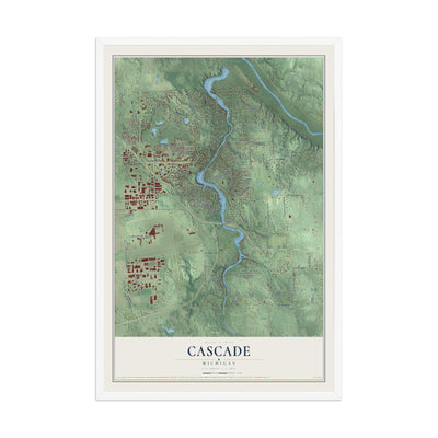 Map of Cascade, Michigan, 12 x 18 inch print in a white wood frame