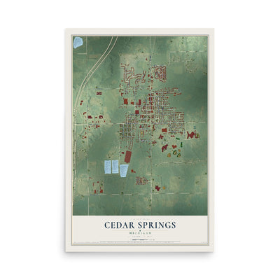 Map of Cedar Springs, Michigan, 12 x 18 inch unframed archival matte print