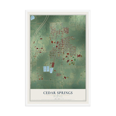 Map of Cedar Springs, Michigan, 12 x 18 inch print in a white wood frame