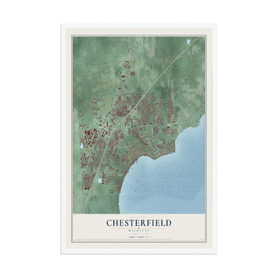 Map of Chesterfield, Michigan, 12 x 18 inch print in a white wood frame